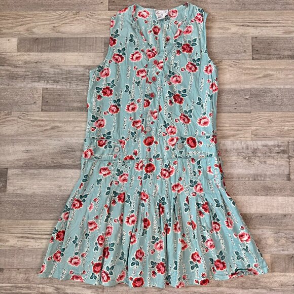 April Cornell Blue Red Floral Sleeveless Drop Waist Dress D19 - Picture 1 of 6